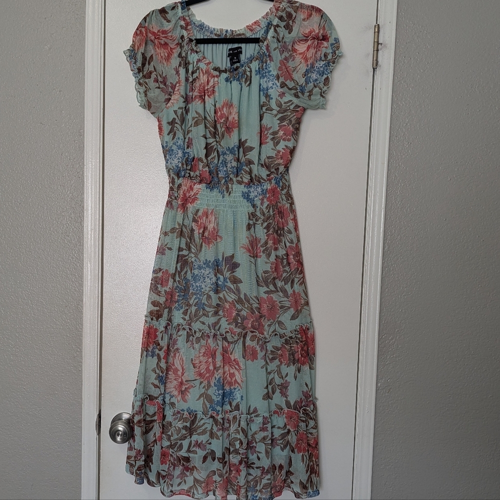 Floral Midi Dress in Blue and Pink
